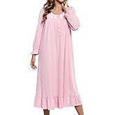 JRYNOEU Cotton Nightgowns for Women Long Sleeves House Dress Nightdress Full Length Sleepwear Loungewear