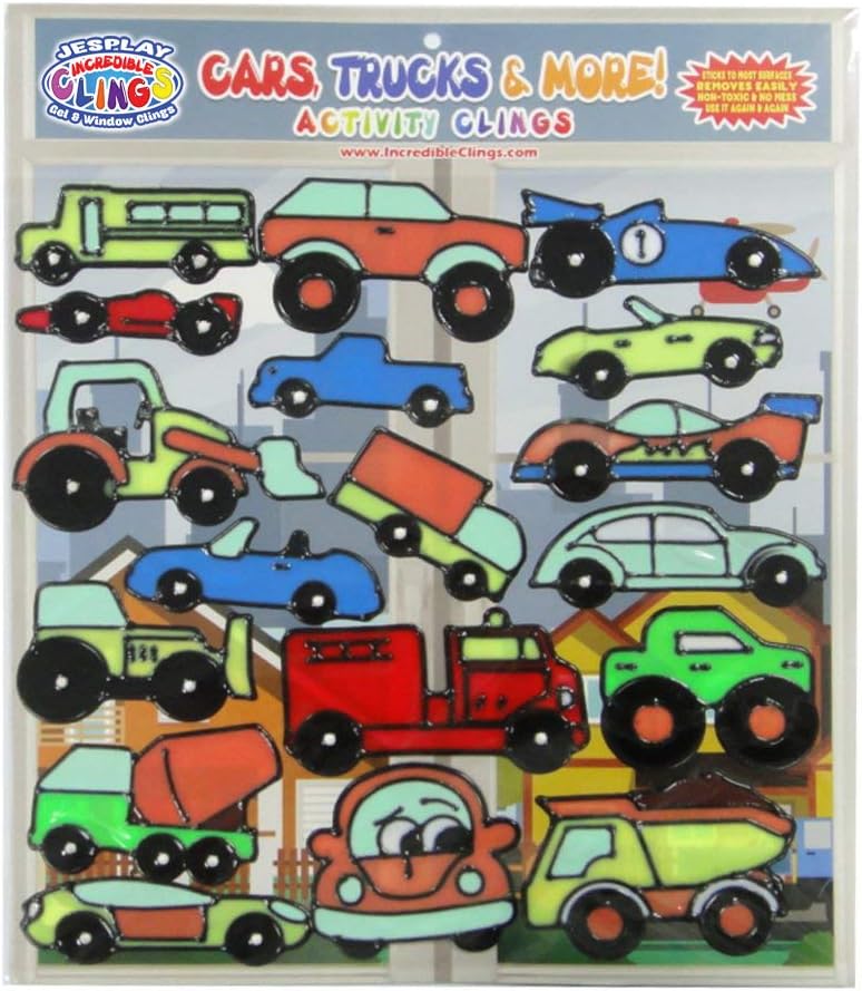 JesPlay Cars and Trucks Flexible Gel Window Clings for Kids - CPSC Certified Safe Gel Cling Decals - School Bus, Bulldozer, Dump Truck, Cars and More