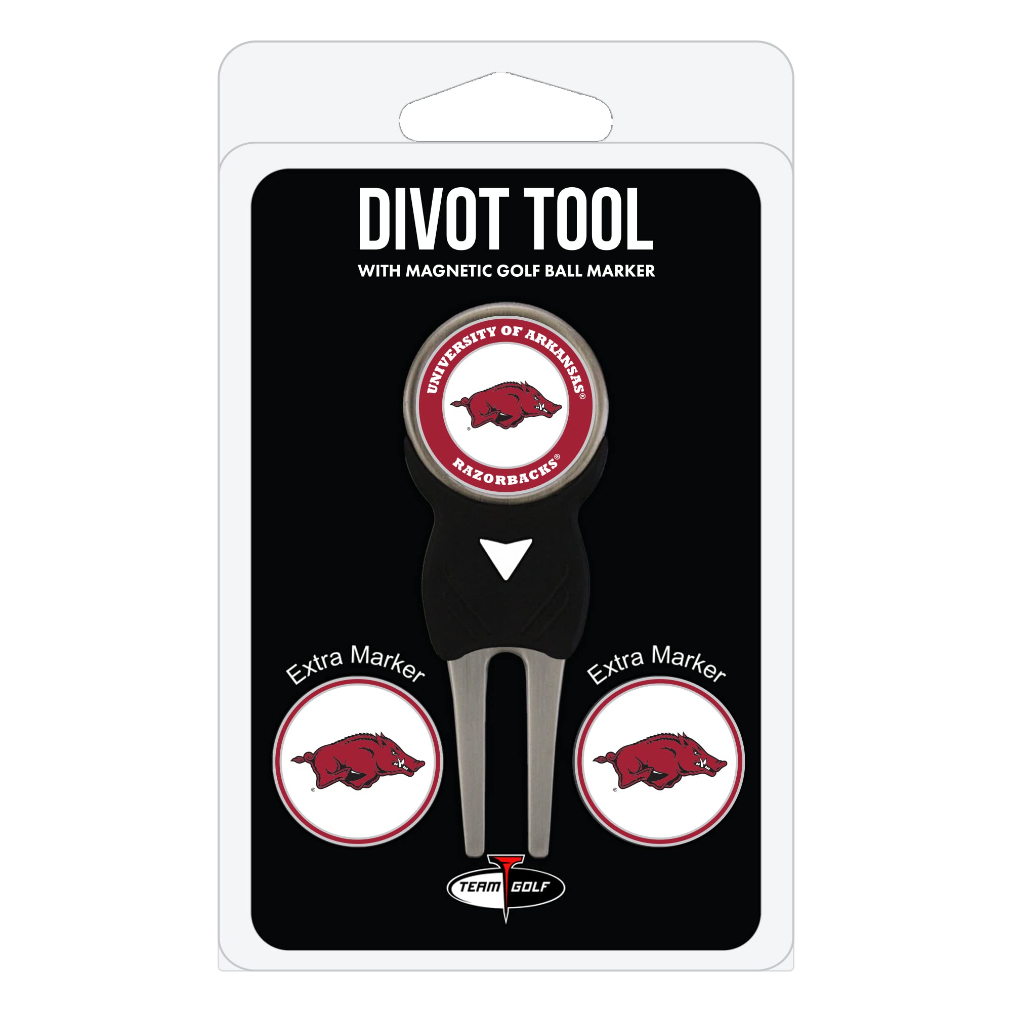 Team Golf NCAA Arkansas Razorbacks Divot Tool Pack With 3 Golf Ball Markers Divot Tool with 3 Golf Ball Markers Pack, Markers are Removable Magnetic Double-Sided Enamel