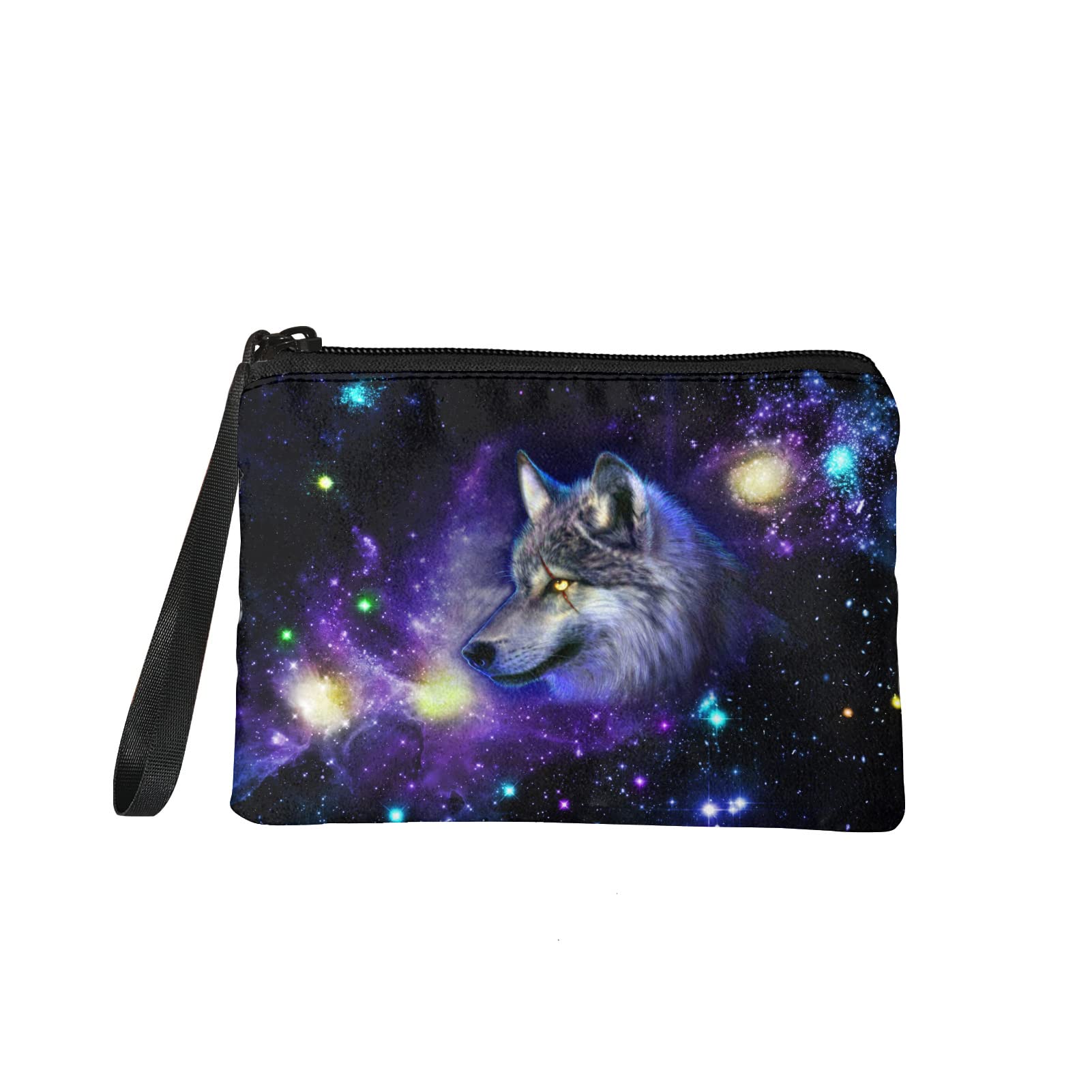 chaqlin Galaxy Animal Wolf Print Coin Purse Change Cash Bag Zipper Small Purse Wallets for Womens Mens Credit Card Holder