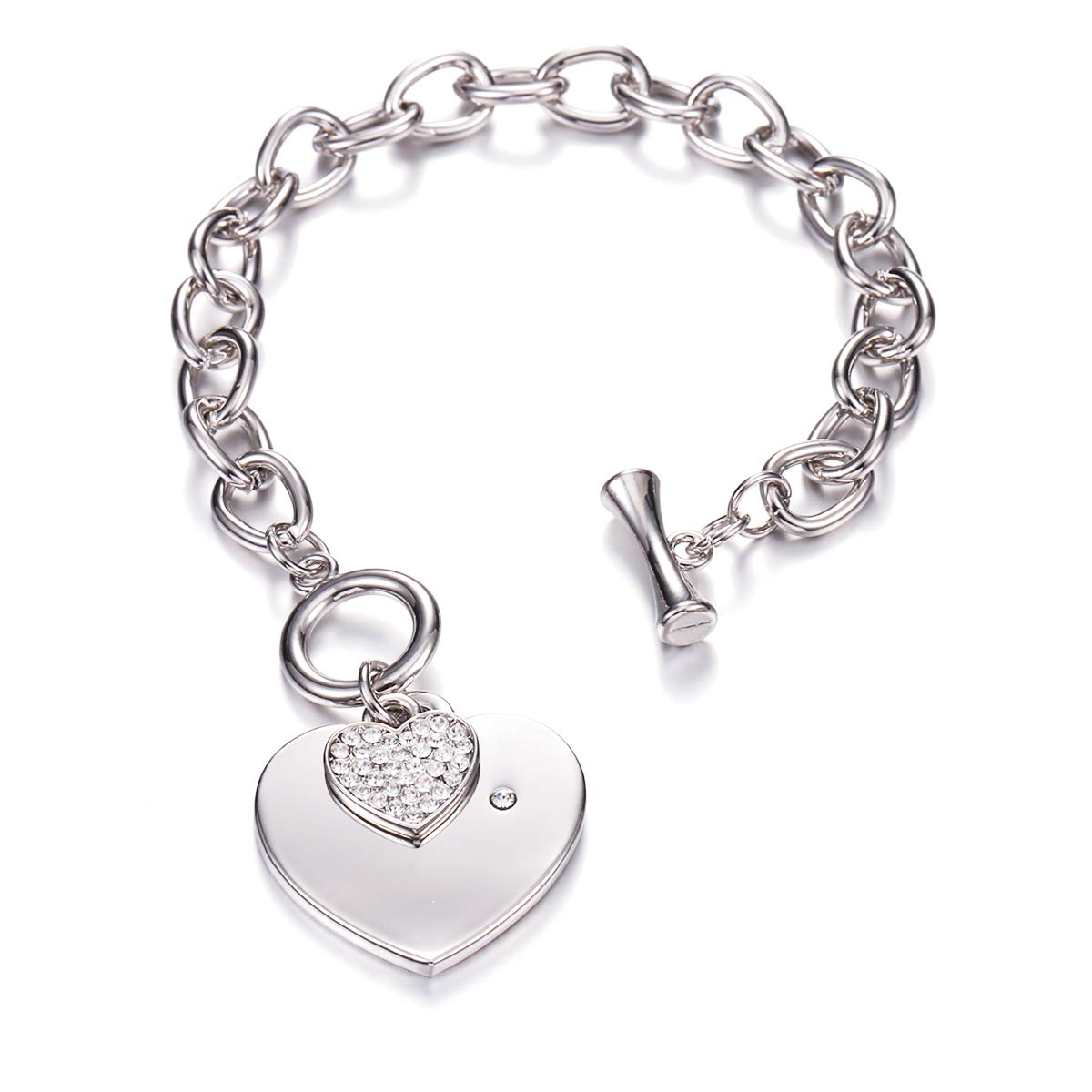 Silver Plated Women's Link Chain Bracelet Charm Crystal Love Heart Shape Pendant Bracelet with Toggle Clasp Gift for Girls