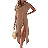 Uvog Swimsuit Coverup for Women Long Button Down Short Sleeve Split Bathing Suit Swim Cover Up Beach Vacation Dress