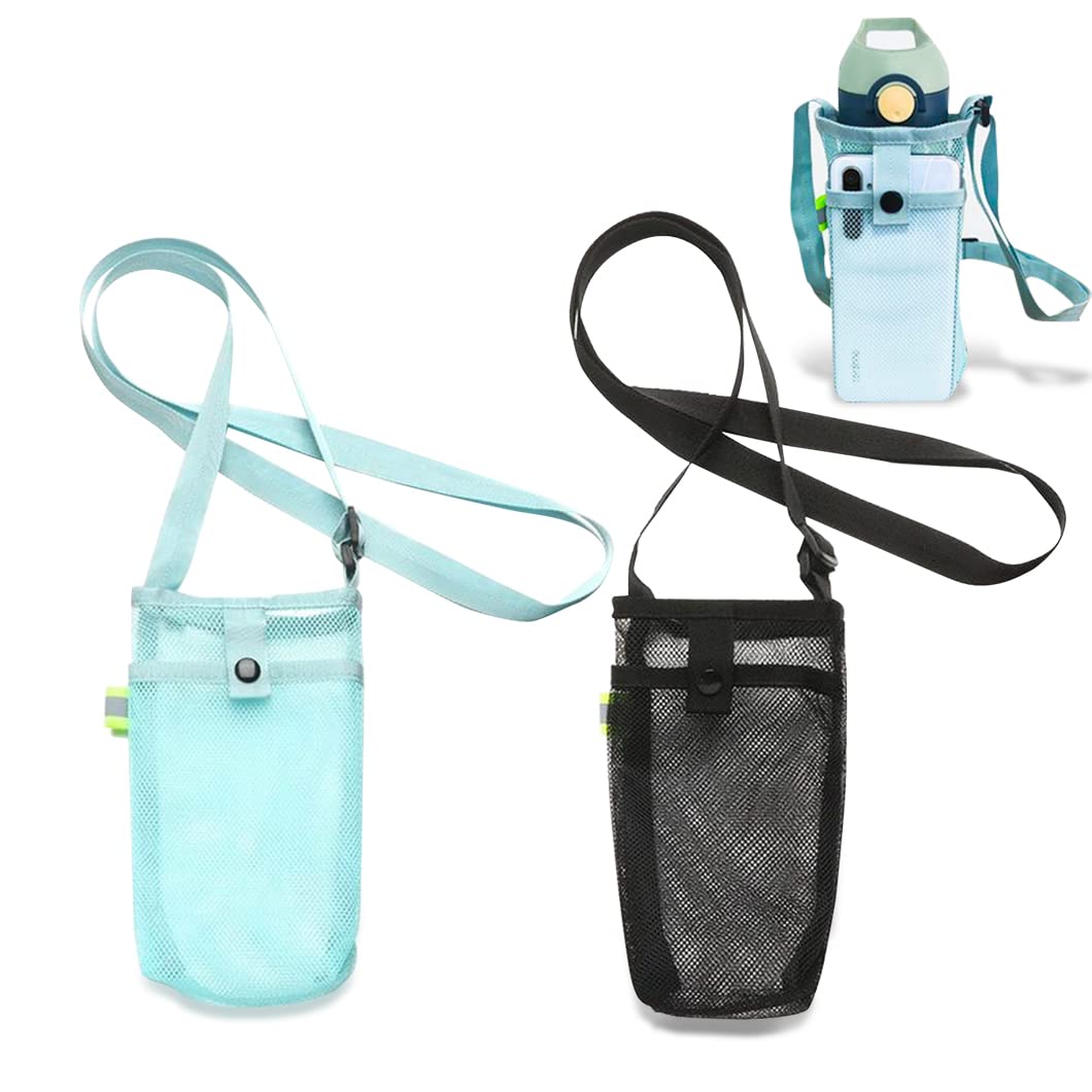 Rolin Roly 2PCS Water Bottle Carrier Bags Black Bottle Pouch Holder Adjustable Shoulder Strap with Pocket Blue Water Bottle Accessories for Men Sports Camping Walking (Black+Light Blue)