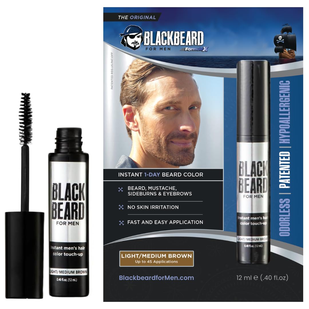 Blackbeard for Men Facial Hair Color Touch Up Brush - Temporary 1-Day Tint for Gray Coverage on Moustache, Sideburns and Brows, Waterproof Hypoallergenic Dye Alternative (Light/Medium Brown)