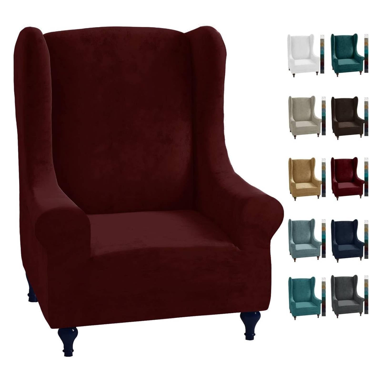 CHELZEN Stretch Velvet Wingback Chair Slipcover Soft Slipcovers for Wingback Chairs Wing Chair Cover with Elastic Bottom (Wing Chair, Wine Red)