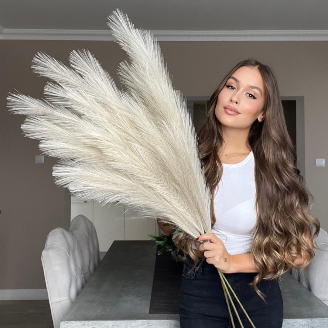 VOULUX Extra Large Tall Beige Fake Faux Artificial Pampas Grass Large Fluffy x3 115cm Stems x18 Decorative Artificial Flora Feathers For Floor Vases Tall Beige Plant Flowers Long Pampas Grass
