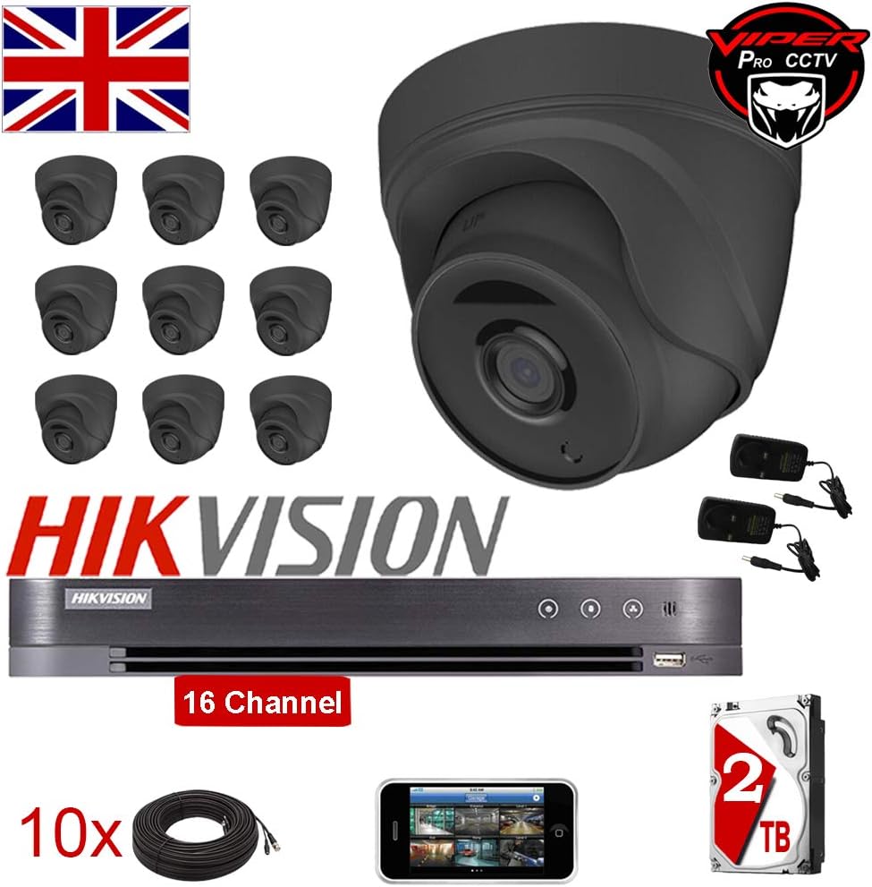 HIKVISION CCTV system kit 16CH 2TB HDD DVR 10x 5MP 2.8MM lens 40M EXIR DOME outdoor Turret Grey camera Signal TVI POC