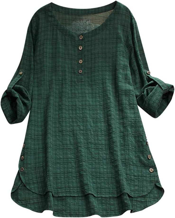 Womens Casual Loose Linen Plus Size Plaid Button Shirt Tops Loose Lightweight Shirt for Women