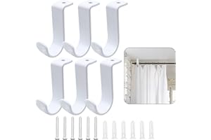 Shonmogar Ceiling Curtain Rod Brackets 6 Pack Metal Curtain Rod Holders with Screws,Ceiling Mount Curtain Rod Bracket for 1 Inch Rod, Sturdy Curtain Rod Hooks for Bedroom Living Room Office, White