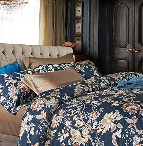 Luxury Jacobean Floral Garden 3 Piece Duvet Cover Set Beige Blue English Vintage Floral Pattern 100-percent Combed Cotton (Queen, Navy Taupe)