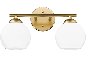 Emak 2-Light Gold Bathroom Light Fixtures, Modern Globe Vanity Lights with Milk Glass Shade for Bathroom, VL114-GD-ML-2