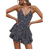 Fixmatti Women Spaghetti Strap Romper V Neck Backless Ruffle Chiffon Shorts Jumpsuit Playsuit