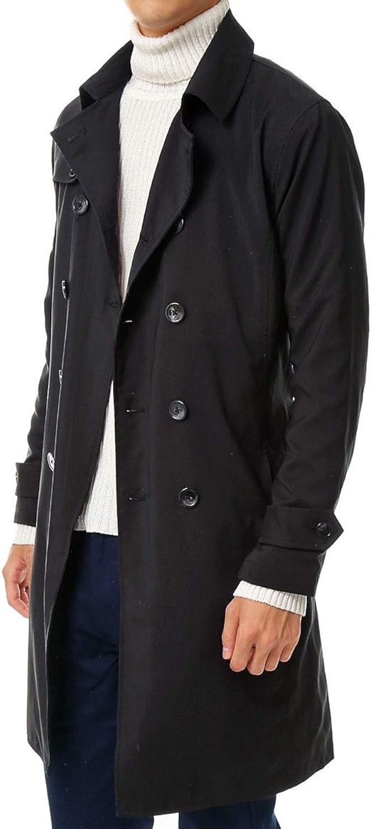Amazon エムシー 撥水加工 メンズ トレンチコート ベルト付き ダブル ロング コート1 ブラック Ll コート ジャケット 通販