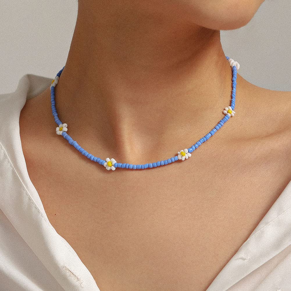 Carufin Bohemian Colorful Flower Beaded Choker Necklace Daisy Rainbow Beaded Necklaces Short Sunflower Necklaces Beach Jewelry for Women and Girls (Blue 1)