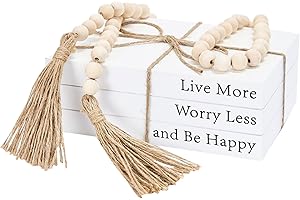 OMISHE Decorative Books for Home Decor, White Faux Books for Decoration, Rustic Farmhouse Stacked Display Books with 52in Wood Bead Garland for Coffee Tables Living Room, (Happy)