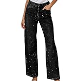 JiXiang Sparkly Jeans for Women Baggy Y2K High Waisted Stretch Trouser Straight Wide Leg Bling Glitter Rhinestone Denim Pants