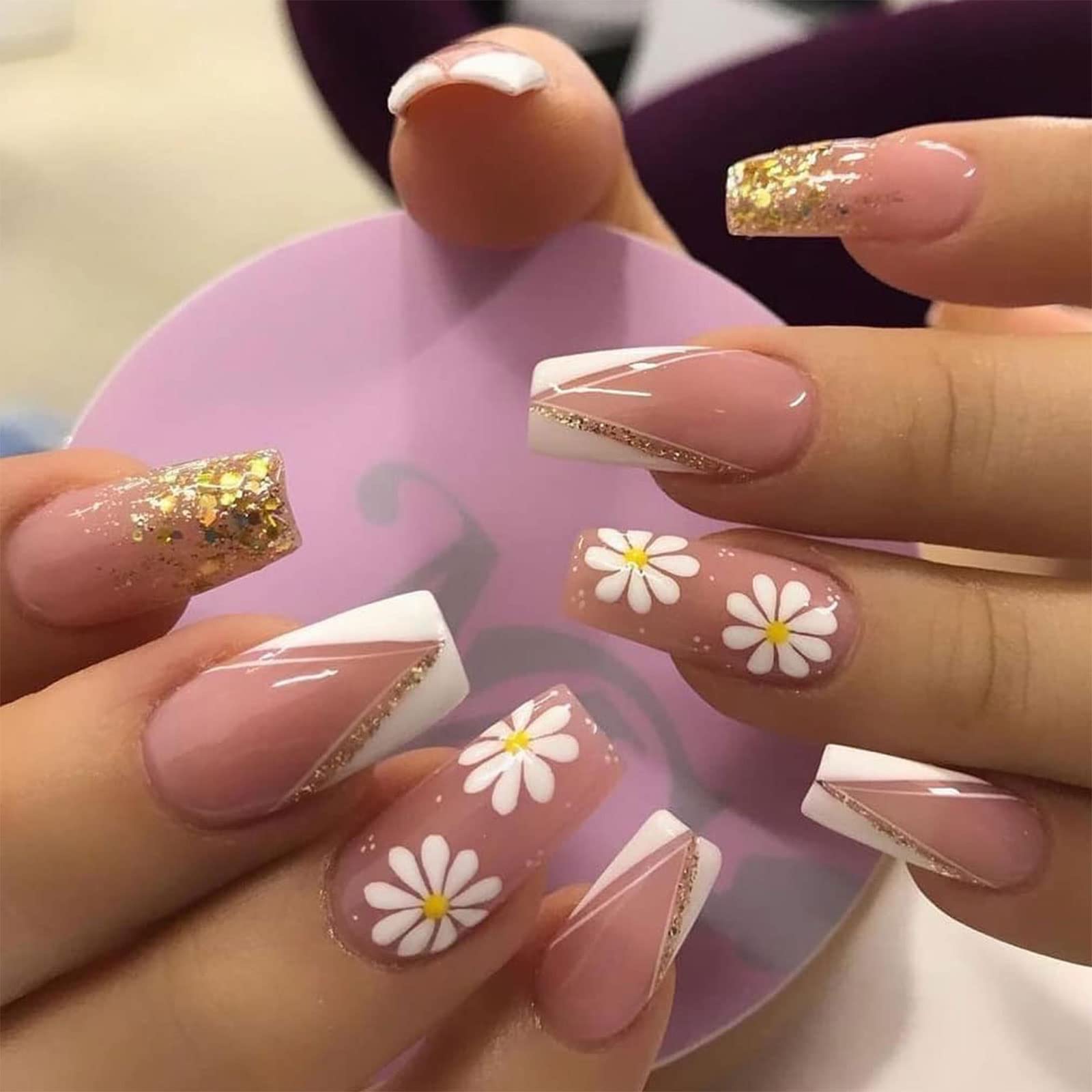 24PCS French Press On False Nails Elegant and Cute With Flower Pattern Design Medium Fake Nails Glossy False Nails Full Cover Acrylic Nails for Women and Girls