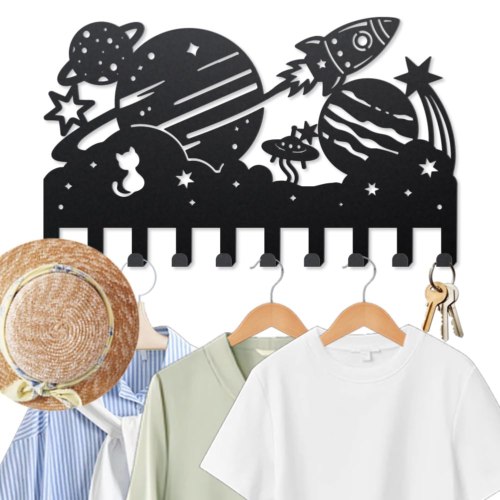 MAYJOYDIY Planet Rocket Key Hook Cat Metal Coat Hooks Wall Mounted 40×23.7cm Star Spaceship Black Wall Art Deco Key Holder with 10 Hooks for Gift Coats Hats Towels Bags Hanging