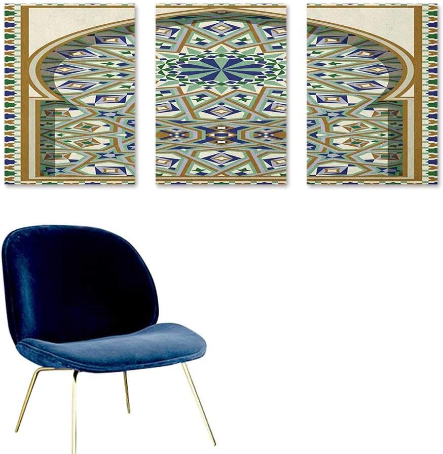 Turkish Pattern Abstract Oil Paintings Arabic Arch and Frame with Geometric Details Stars and Triangles On Canvas Abstract Artwork 3 Panels 24x47inch Caramel Green Indigo
