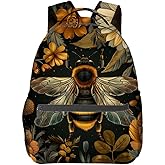 MIEPOS Vintage Bee Backpack,Bumblebee Floral Dark Polyester Backpacks,Lightweight Double Shoulder Back Pack for Women,Flower Retro Bookbag,School Bag Gifts,Casual Travel Daypack Book Packs