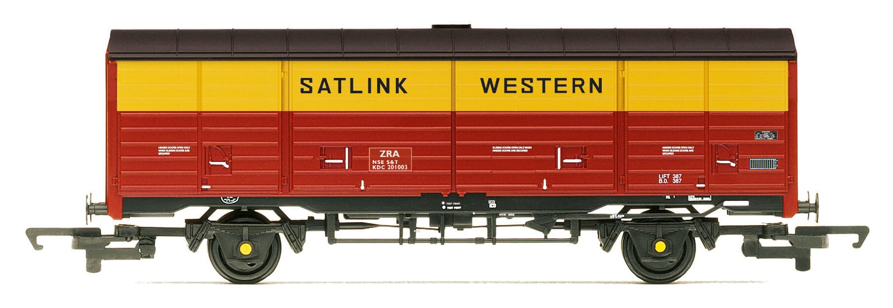 Hornby R60229 RailRoad Satlink Western, 45t ZRA Closed Van, KDC201003 - Era 8 Rolling Stock - Wagons for Model Railway Sets, Red and Yellow