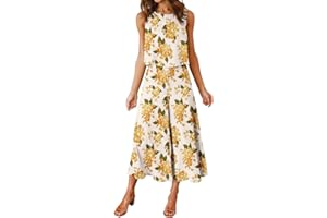 ROYLAMP Women's Summer 2 Piece Outfits Round neck Crop Basic Top Cropped Wide Leg pants Set Jumpsuits