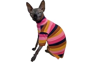 KITIPCOO Vintage Stripes Sphynx Hairless Cats Shirt Cotton Cat Turtleneck Pet Clothes Kitten T-Shirts with Sleeves for Sphynx Cornish Rex, Devon Rex, Peterbald (Moning Glory, X-Large (Pack of 1))