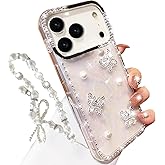 Changjia for iPhone 17 Pro Max Glitter Butterfly Case,Cute Girly 3D Pearl Crystal Diamond Bling Sparkle with Wrist Strap Chain Soft TPU Aesthetic Women Girl Phone Case for iPhone 17 Pro Max 6.9",White