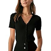 RIHOAS Womens Short Sleeve Cardigan Button Down Collared V Neck Pullover Sweater Button Up Knitted Trendy Tee Shirts