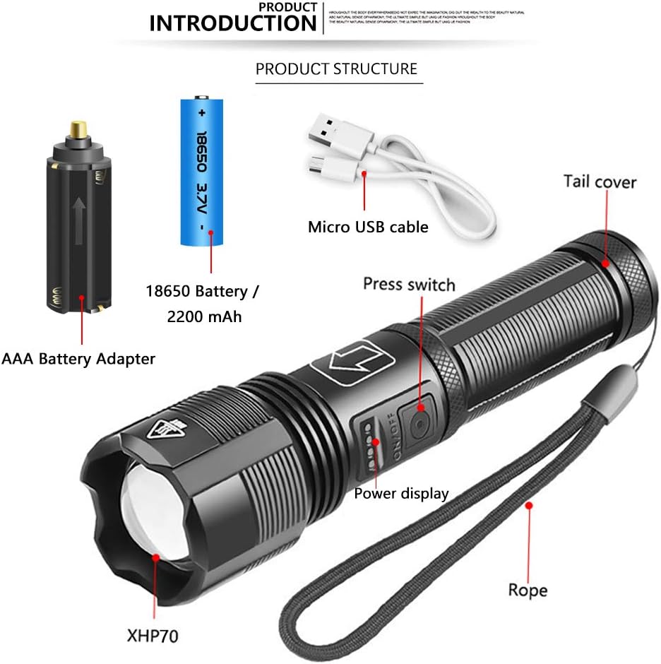 XHP70 LED Rechargeable Flashlight, Tactical Flashlight with USB, Super Bright 10000 Lumen, IPX4 Water Resistant, 5 Lighting Modes Zoomable Torch Light for Camping Hiking Cycling, Included 18650 Battery - - 