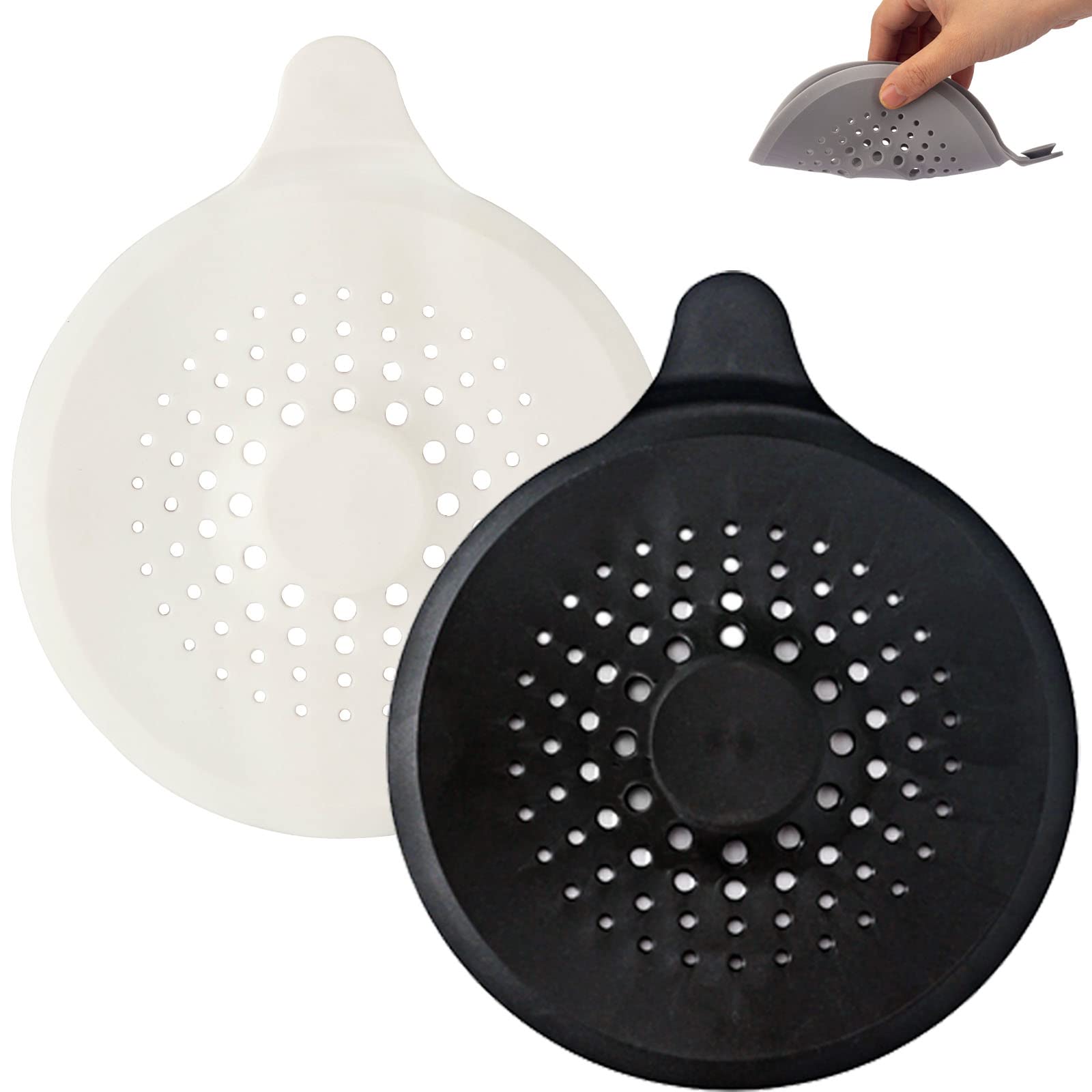 2 Pack Hair Catcher for Shower Drain with Strong Suction Cup, Silicone Sink Strainer Protector Shower Drain Cover Hair Stopper Trap Sink Filter for Bathroom Bathtub Kitchen Sink (Black + White)