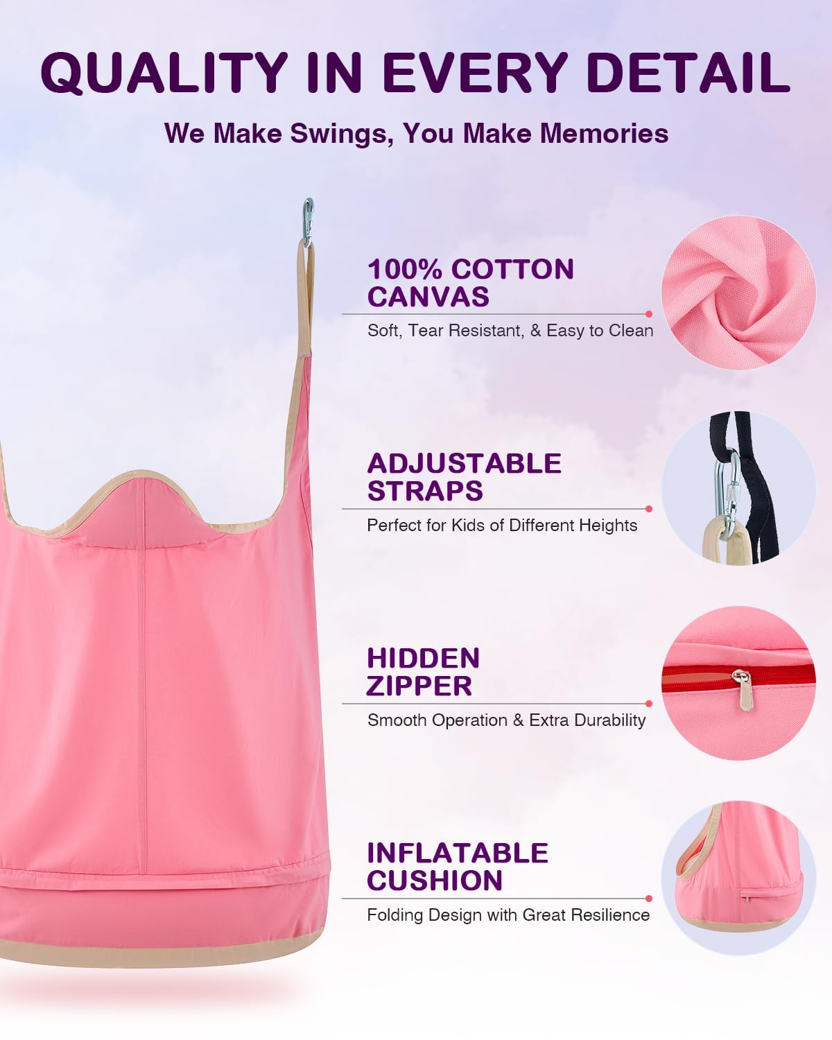 CO-Z Upgraded Kids Hanging Pod Swing Chair with Inflatable Cushion, Child Hanging Hammock for Indoor and Outdoor, Sensory Pod Swing for Kids (Two Straps, Pink)