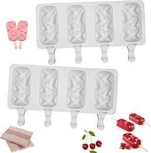 2Pcs Silicone Popsicle Molds with 100 Wooden Sticks Reusable 4 Cavities Homemade Ice Cream Mold Easy to Demold Mini Ice Pop Maker Diamond Popsicle Mold for DIY Cake