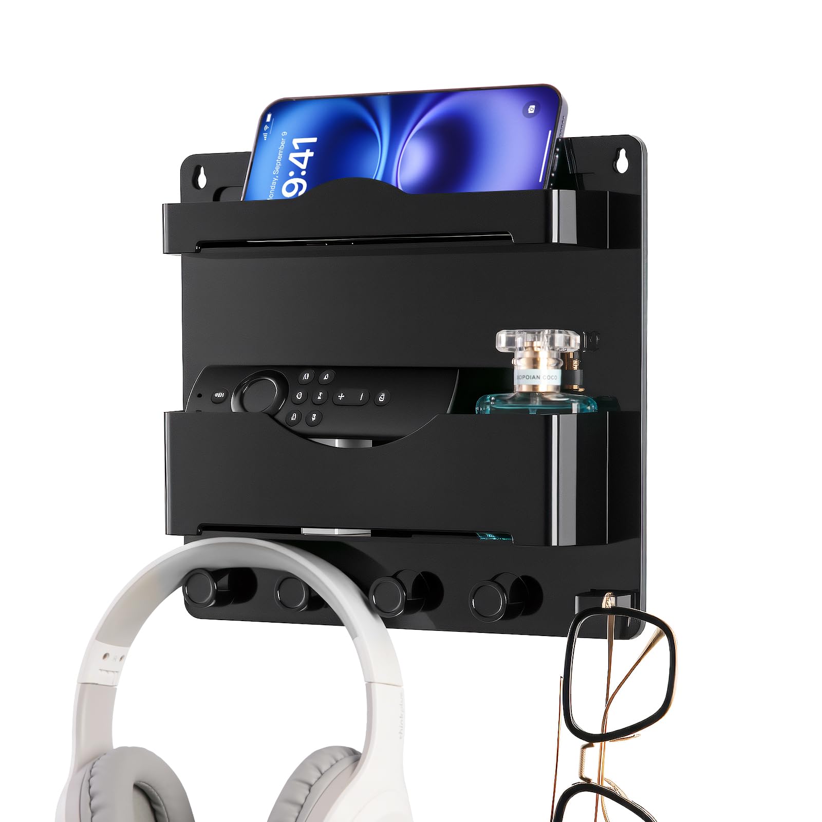 Photo 1 of JUMEIHUI Bedside Wall Shelf with Glasses hooks ?Adhesive Bedside Organizer Wall Mount for Dorm and Room Accessories Phone?Remote?Earphone? Kindle (Black)