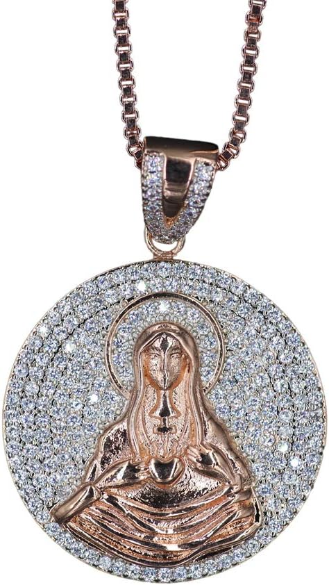 Sparking Iced Out Hip Hop Jewelry Rose Gold Silver 3 Colors Virgin Mary Pendant Necklace for Men and Women, Micro Pave AAA Cubic Zirconia, 24inch Box Chain