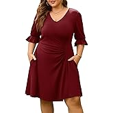 Baosuu Women's Plus Size Dress V-Neck 3/4 Bell Sleeve Ruched Waist Flowy Midi Cocktail Party Casual Dress