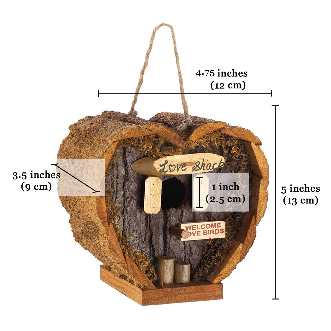 Heart Shaped Birdhouse - Decorative Rough Wood - Little Log Cabin Birdhouse - Perfect Gift for Newlyweds, Engagement , Housewarming , Honeymoon - Love Shack for Love Birds - Wooden Bird Feeder