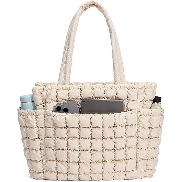 FFOGH Women's Quilted Puffer Tote Bag – Large Zippered Shoulder Bag, Lightweight Nylon, With Laptop Sleeve & Luggage Strap