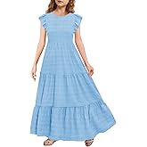 MITILLY Girls Summer Maxi Dress Cute Ruffle Short Sleeve A Line Flowy Casual Party Dresses with Pockets 6-13 Years