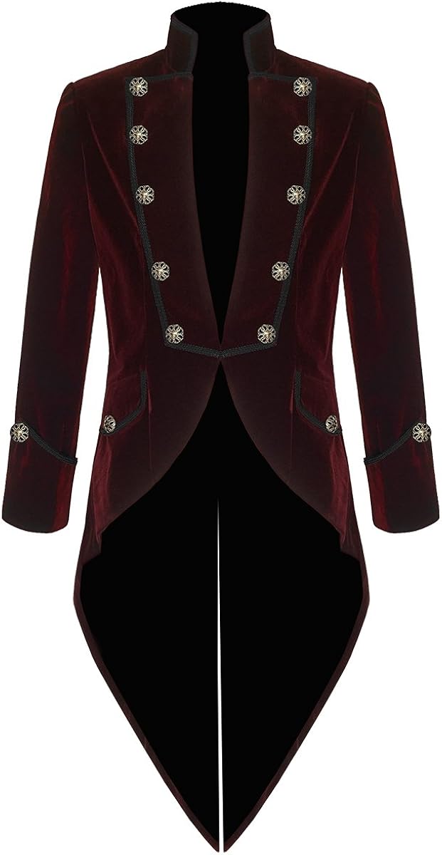 Pentagramme Mens Steampunk Tailcoat Jacket Red Velvet Goth VTG