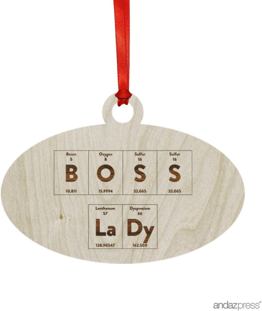 Andaz Press Laser Engraved Wood Christmas Ornament with Gift Bag, Periodic Table Boss Lady, Oval Shape, 1-Pack, Birthday Present Ideas for Geeky, Science, Lab, Professor, Teacher, Chemistry Physics