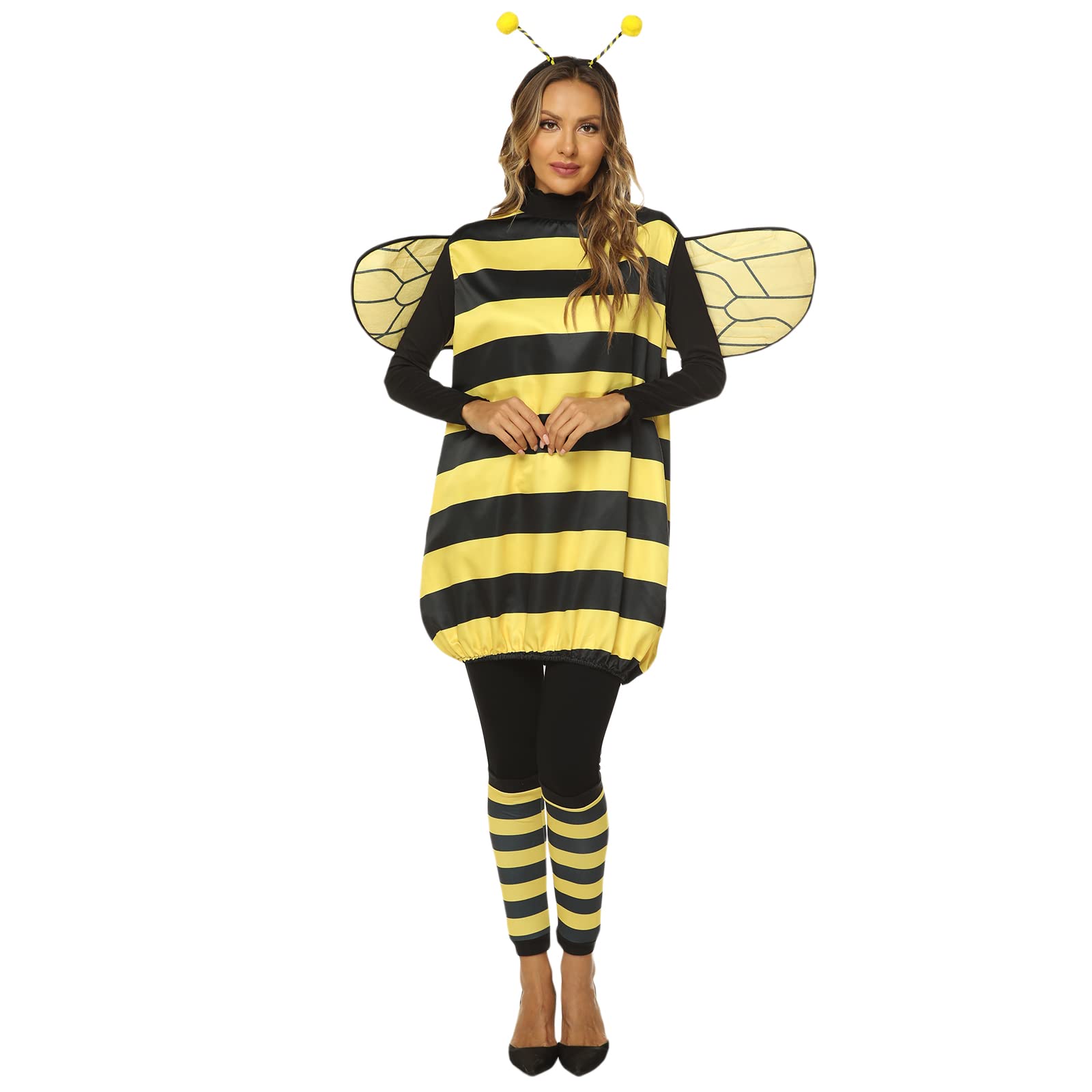 Aunaeyw Women Bee Cosplay Costume Set Halloween Bee Dress with Wings Headband Leg Sleeves for Role-playing Accessories (Yellow Adults, S)