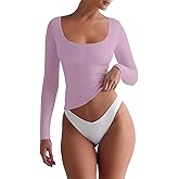 REORIA Womens Basic Square Neck Long Sleeve Shirts Double Lined Tops Tight Shirts Fall Outfits 2025