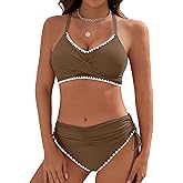 Dridreo Women's Bikini Sets V Neck High Waisted Swimsuits Shell Stitched Two Piece Swimsuit Tie Side Swimwear