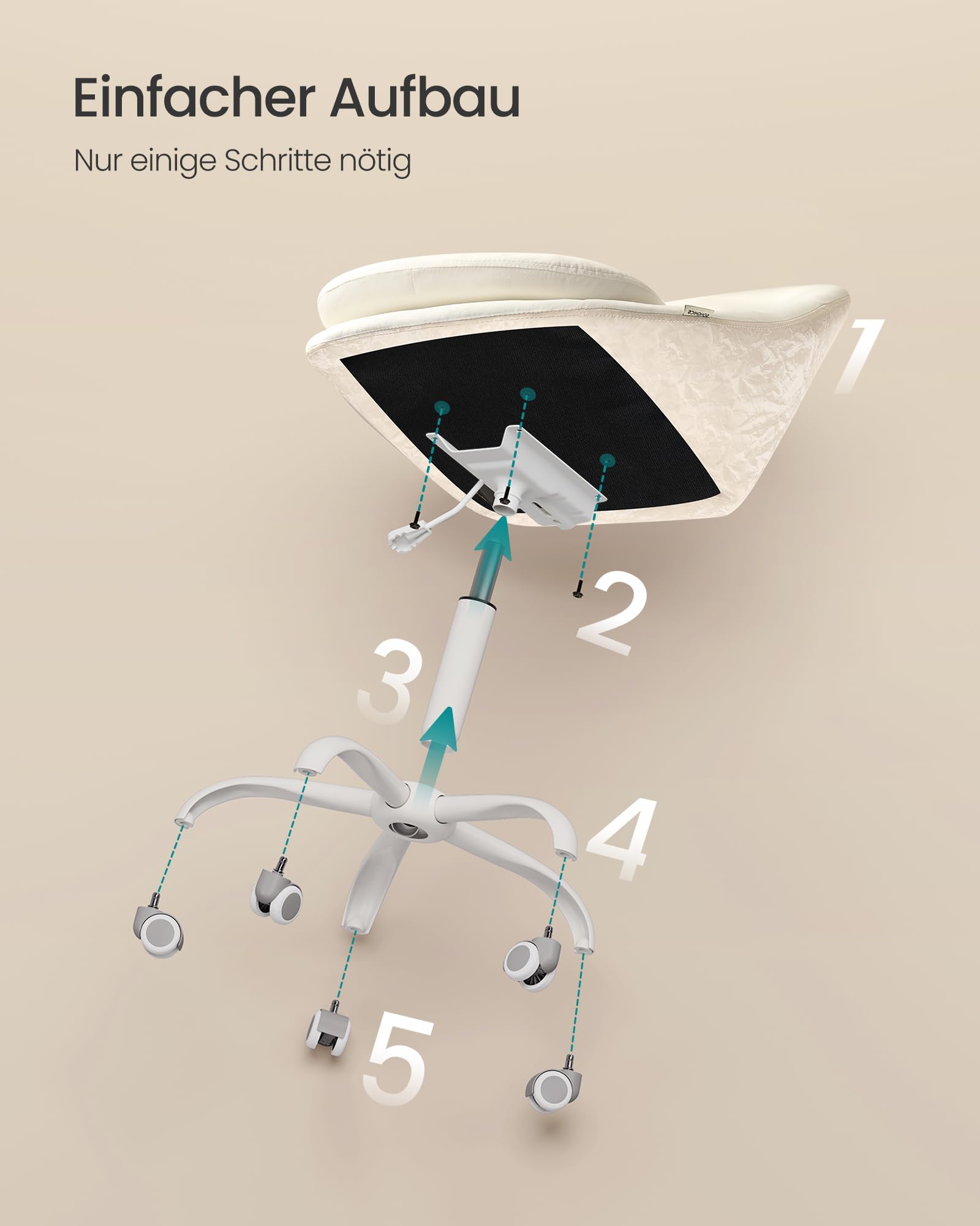 SONGMICS Homeoffice-Stuhl, Schminkstuhl mit Samt-Vorderseite, Schreibtischstuhl, Schaumstoffpolsterung, höhenverstellbar, für Arbeitszimmer, Schlafzimmer, cremeweiß OBG020WD01 6