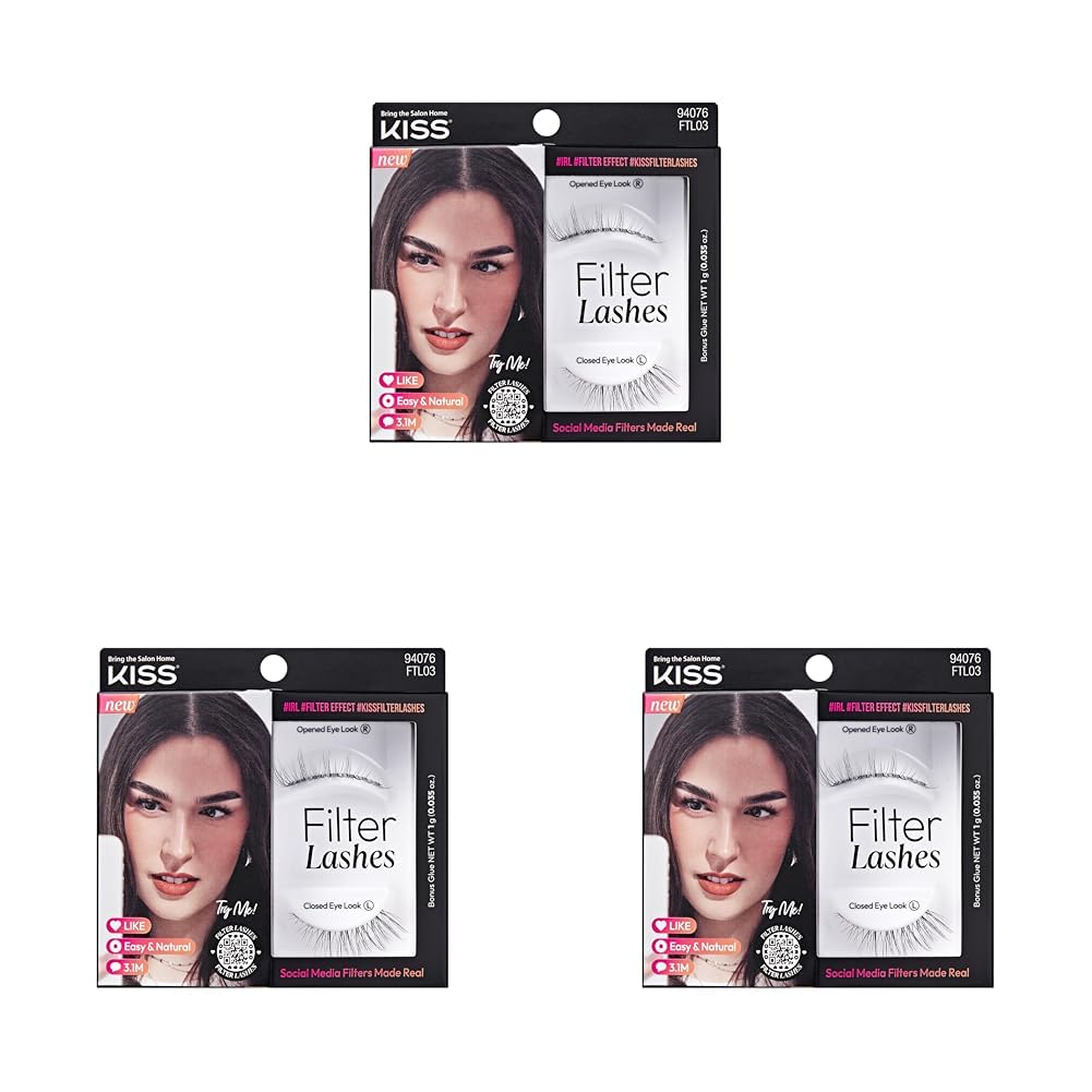 KISS Filter Lashes, AI-Inspired Open-Eyed Spiky False Eyelashes, 1 Pair, Long Length (14mm), Wispy 3D Volume, Natural Look, Lash Glue Included, LASH x GLOSS (Pack of 3)