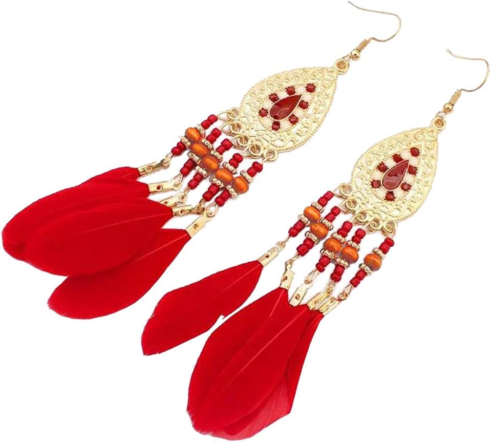SOSUSHOE Ethnic Feather Dangling Earrings for Womens Bohemian Long Eardrop for Weddings Parties
