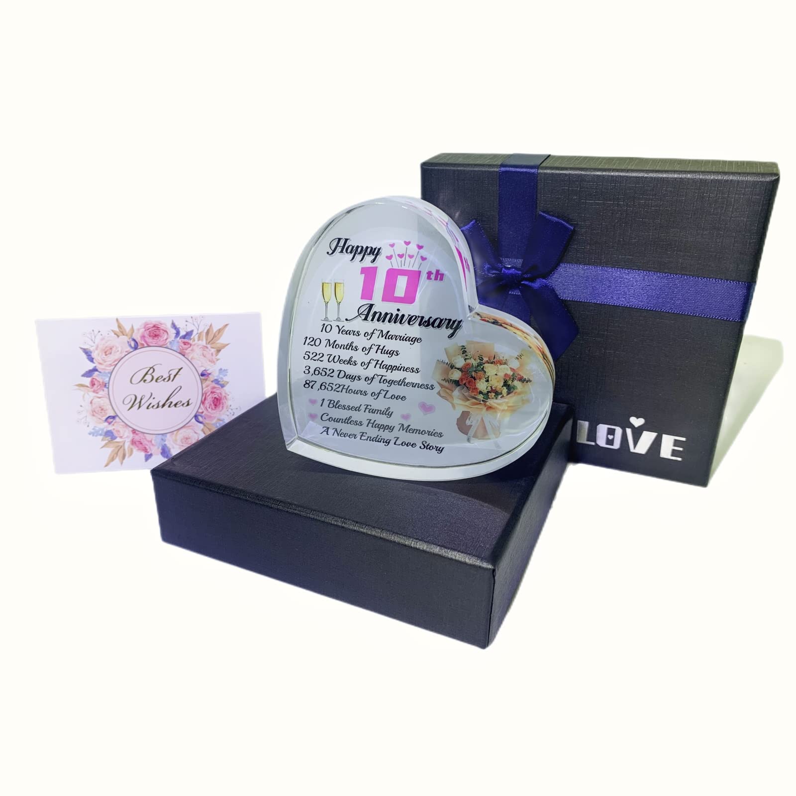 10th Tin Wedding Anniversary Romantic Gifts for Women,10 Years Anniversary Wedding Gifts for Wife Girlfriend Couple, Crystal Heart Marriage Keepsake,10th Wedding Anniversary Present for Her Gold