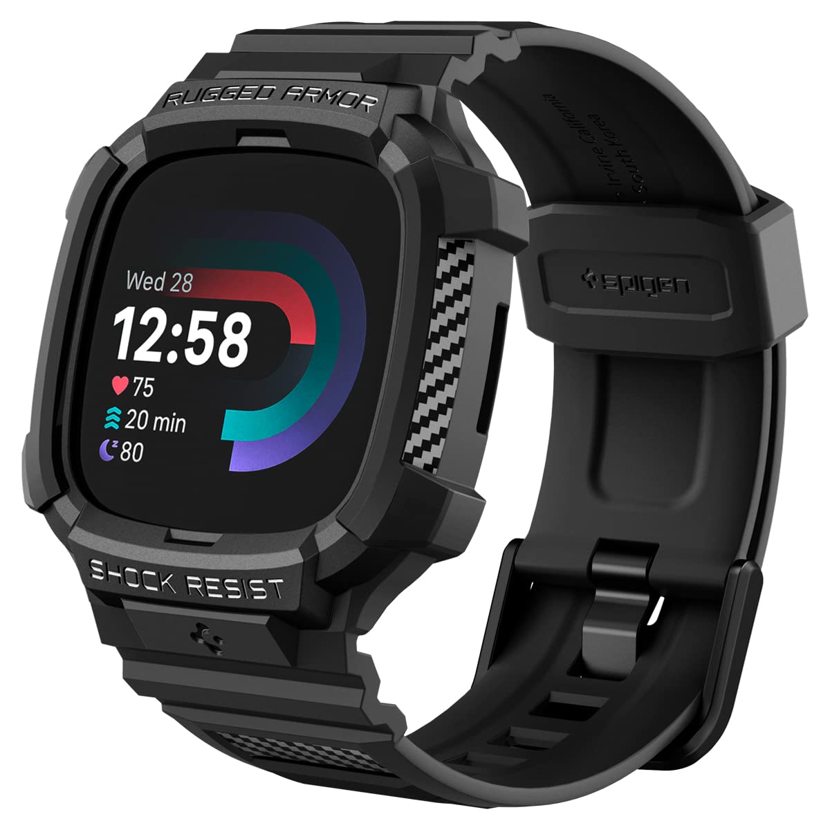 Spigen Rugged Armor Pro Case with Strap Band Compatible with Fitbit Versa 4 / Fitbit Sense 2 - Black