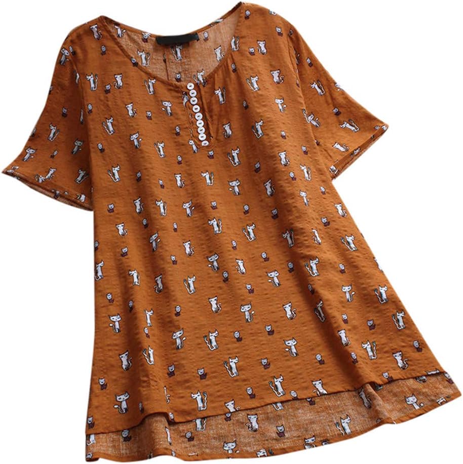 Blouse Womens Asymmetrical Short Sleeve Cat Print O-Neck Casual Vintage T-Shirts